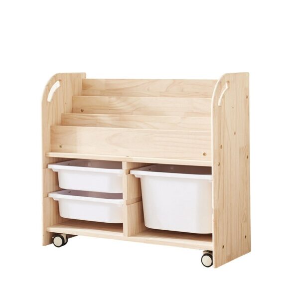 Mobile Wooden Bookshelf with Storage Bins