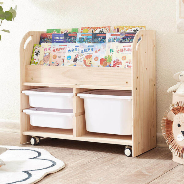 Mobile Wooden Bookshelf with Storage Bins