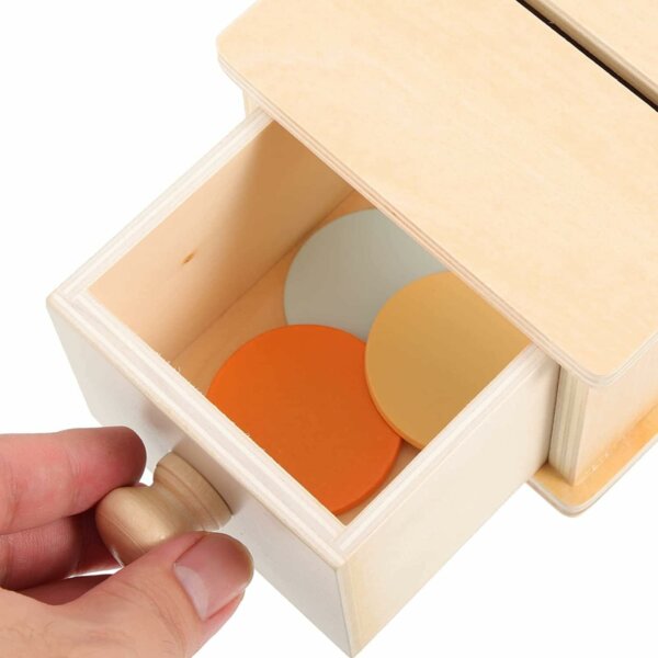 Object permanence box with drawer (coins)