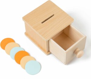 Object permanence box with drawer (coins)
