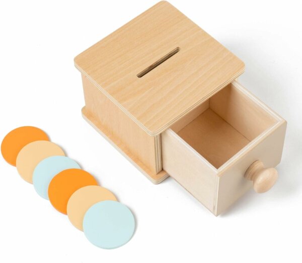 Object permanence box with drawer (coins)